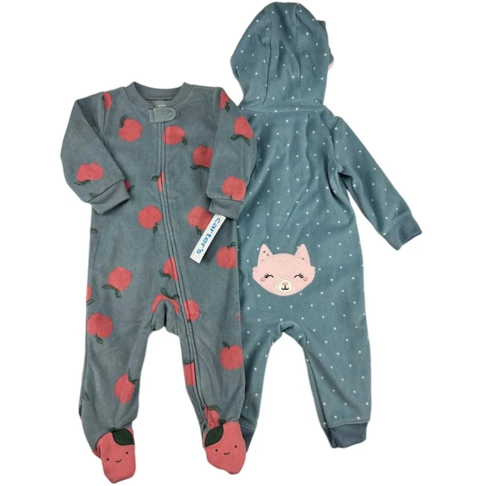Carters Baby‎ Girl 9m Fox Polka Dot Fleece Footed Apple Pajama Sleepsuit Hooded